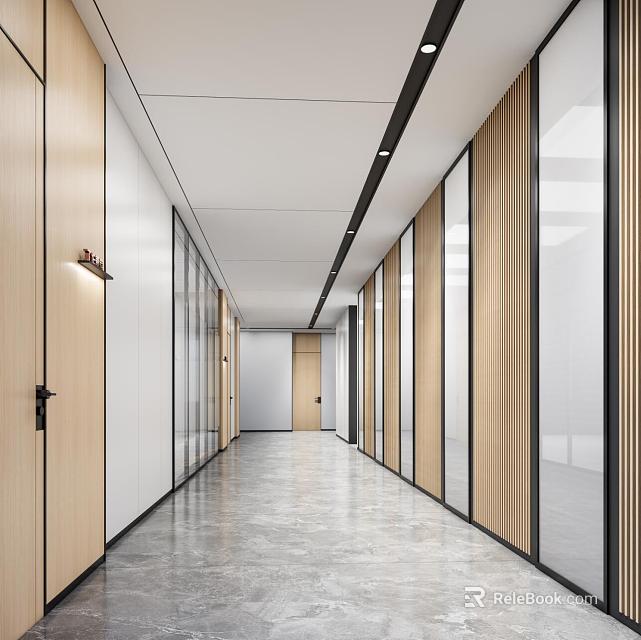 Modern Office Corridor Interior Design With Wooden Partitions Glass Doors And Gray Flooring 3d model 