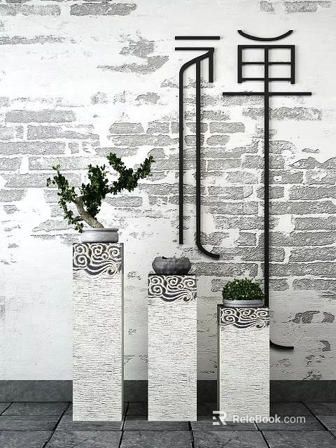 Bonsai Potted Plants Display on Decorative Stone Pillars Against Gray Brick Wall Background 3d model 