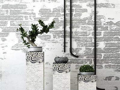 Bonsai Potted Plants Display on Decorative Stone Pillars Against Gray Brick Wall Background 3d model