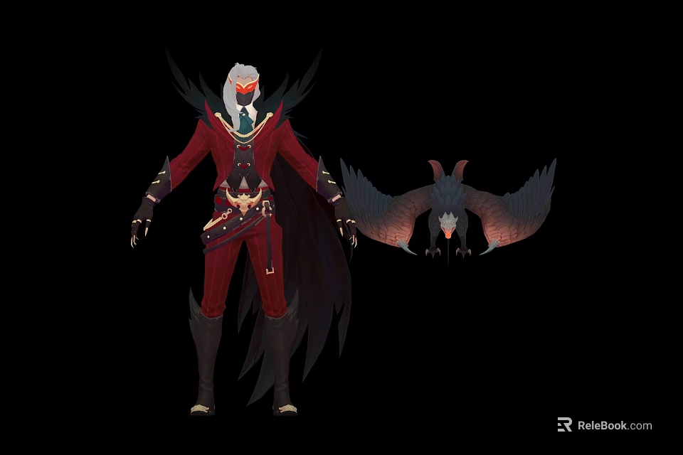 Fantasy Character in Red Outfit With White Hair Mask Black Wings and Eagle Creature 3d model 