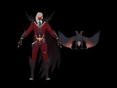 Fantasy Character in Red Outfit With White Hair Mask Black Wings and Eagle Creature 3d model