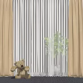 Stylish Curtains in Blue and Green Striped Patterns with Plants and Decorations for Modern Interior