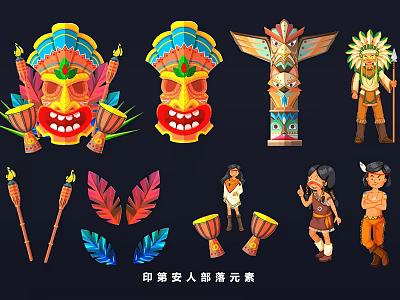 Native American Tribal Wall Decor with Colorful Masks Totem Poles and Feather Ornaments 3d model