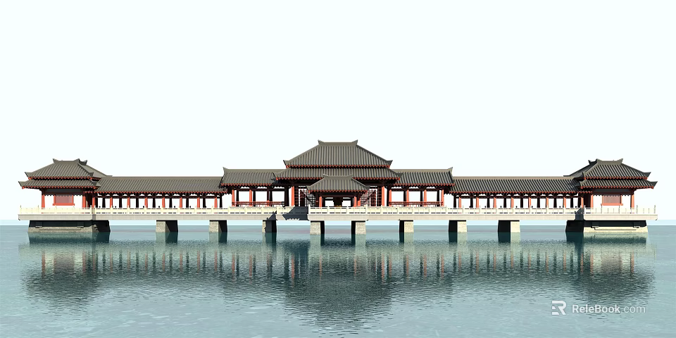 Traditional Chinese Covered Bridge With Pavilion Roof Over Calm Water Reflection 3d model 