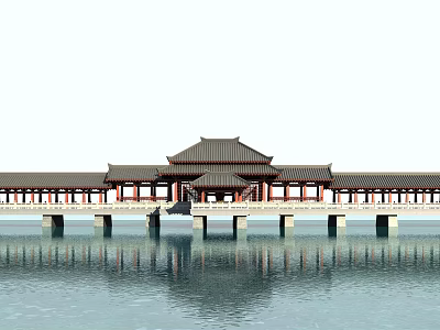 Traditional Chinese Covered Bridge With Pavilion Roof Over Calm Water Reflection 3d model
