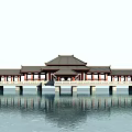 Traditional Chinese Covered Bridge With Pavilion Roof Over Calm Water Reflection