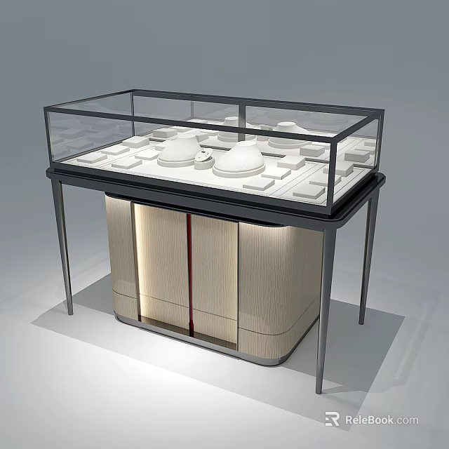 Elegant Jewelry Store Display Counter With Glass Case White Lined Interior And Wooden Cabinet 3d model 