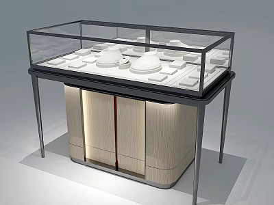 Elegant Jewelry Store Display Counter With Glass Case White Lined Interior And Wooden Cabinet 3d model