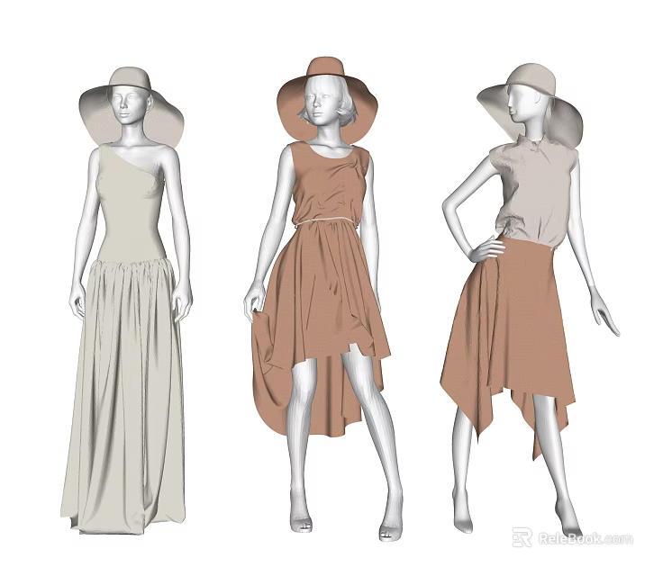 Models Wearing Stylish Sleeveless Dresses And Asymmetrical Skirts With Wide Brimmed Hats 3d model 