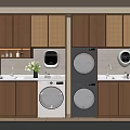 Modern Laundry Room Interior With Double Washers Wooden Cabinets Sinks And White Flowers