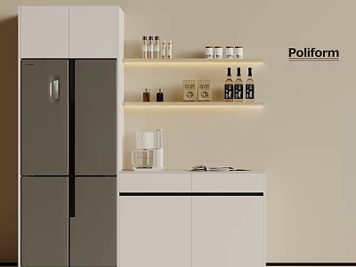 Modern Poliform Refrigerator Cabinet With White Kitchen Cabinets And Open Storage Shelves 3d model