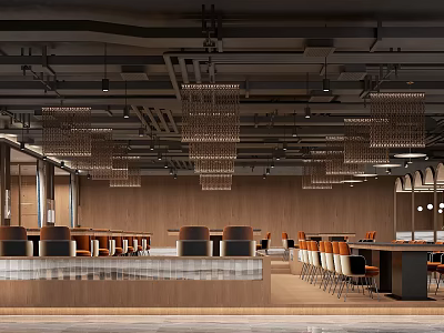 Modern Restaurant Interior With Wooden Walls Chandeliers Bar Counter And Tables Chairs 3d model