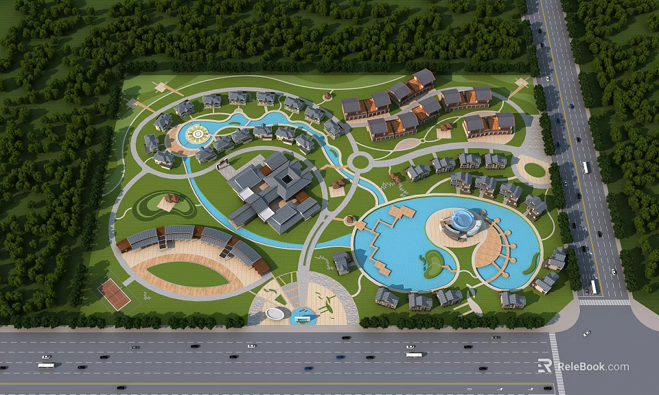 Aerial View Planning of Residential Community With Green Spaces Water Features and Buildings 3d model 