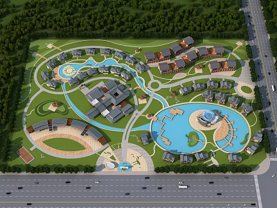 Aerial View Planning of Residential Community With Green Spaces Water Features and Buildings 3d model