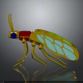 Golden Insect With Red Thorax Blue Eyes Transparent Colorful Wings And Reflection On Gray Background