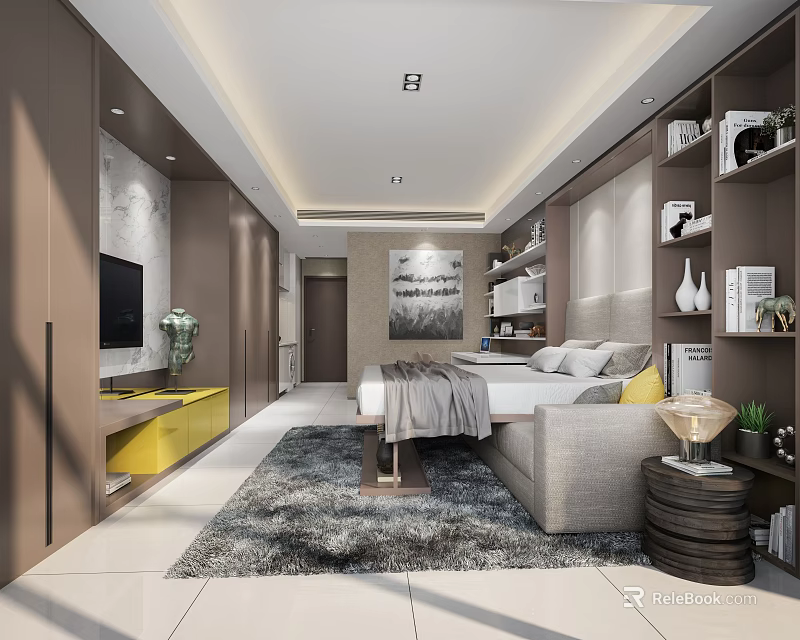 Modern Apartment Interior Design with Open Layout Sofa TV Bookshelves and Decorative Rug 3d model 