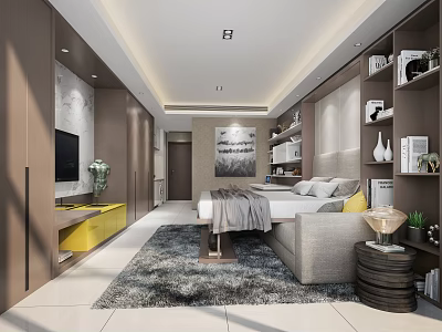 Modern Apartment Interior Design with Open Layout Sofa TV Bookshelves and Decorative Rug 3d model