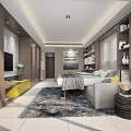 Modern Apartment Interior Design with Open Layout Sofa TV Bookshelves and Decorative Rug