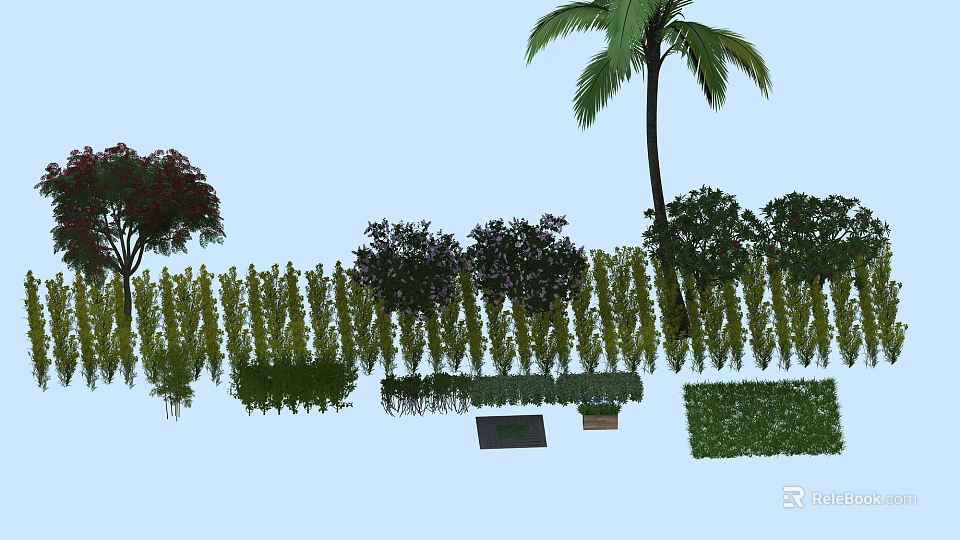 Lush Green Vine Fence With Mixed Bushes And Palm Tree In Garden Landscape 3d model 