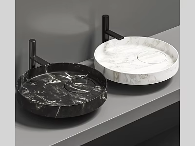Modern Round Wall Mounted Black And White Marble Washbasins With Black Brackets On Gray Countertop 3d model
