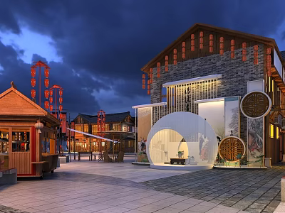 Traditional Chinese Commercial Street With Lanterns Modern Design Elements And Night Lighting Plaza 3d model