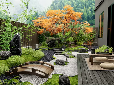 Japanese Style Garden With Orange Maple Tree Wooden Bridge And Stone Path Greenery 3d model