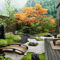 Japanese Style Garden With Orange Maple Tree Wooden Bridge And Stone Path Greenery