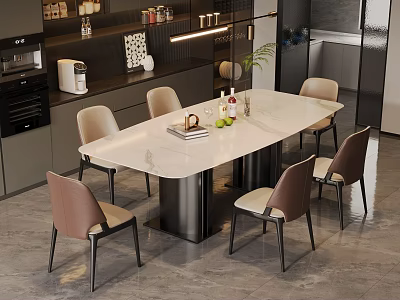 Modern Rectangular Dining Table With White Top Brown Chairs And Decorative Items In Kitchen Area 3d model