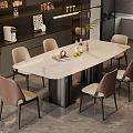 Modern Rectangular Dining Table With White Top Brown Chairs And Decorative Items In Kitchen Area 3d model