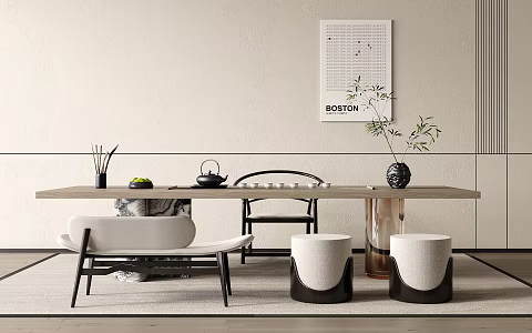 Tea Table Tea Set Low Stool Bench Plant Book Teapot Single Chair Landscape 3d model