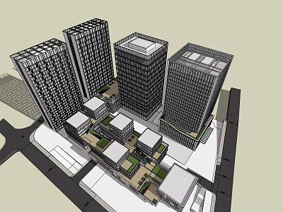 Modern High Rise Office Buildings In Urban Commercial Complex With Green Areas 3d model