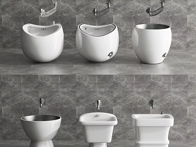 White Ceramic Bathroom Sinks Various Styles With Gray Stone Wall And Countertop 3d model