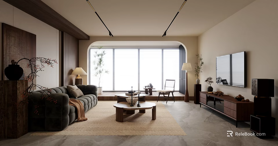 Cozy Modern Living Room Interior With Sofa Coffee Table Large Window And Decorative Plants 3d model