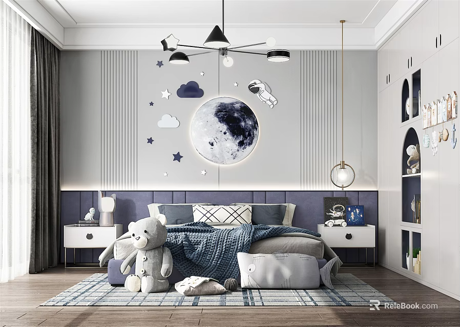 Starry Theme Kids Room Interior With Moon Decor Stars Teddy Bear Bed And Rug 3d model 