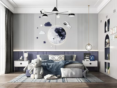 Starry Theme Kids Room Interior With Moon Decor Stars Teddy Bear Bed And Rug 3d model