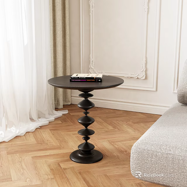 Stylish Black Round Side Table With Spiral Base On Wooden Floor Near Sofa 3d model 