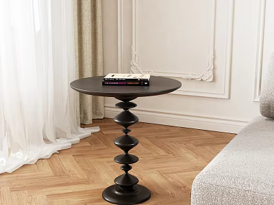 Stylish Black Round Side Table With Spiral Base On Wooden Floor Near Sofa 3d model