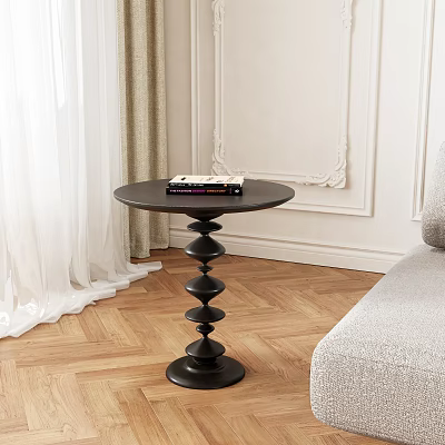 Stylish Black Round Side Table With Spiral Base On Wooden Floor Near Sofa 3d model