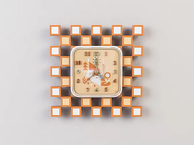 Orange And White Square Pattern Around Beige Dial Clock With Numbers Pointers On Light Background 3d model