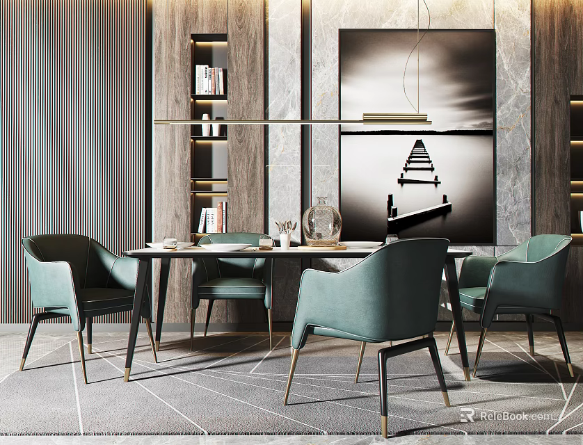 Modern Dining Table Set With Green Chairs Wooden Decor Wall Art And Pendant Light 3d model 