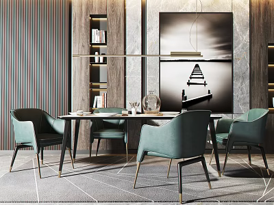 Modern Dining Table Set With Green Chairs Wooden Decor Wall Art And Pendant Light 3d model