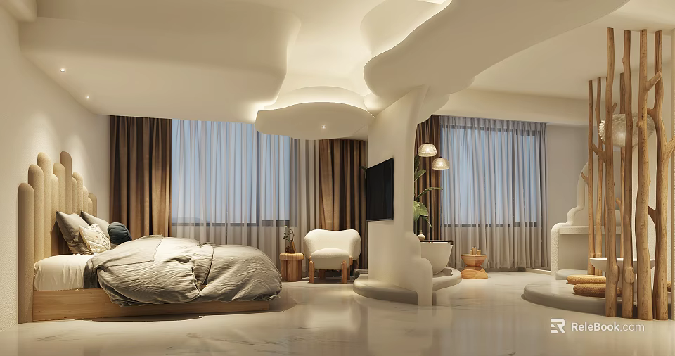 Modern Elegant Hotel Room With Large Windows White Bed White Chair TV And Green Plant 3d model 
