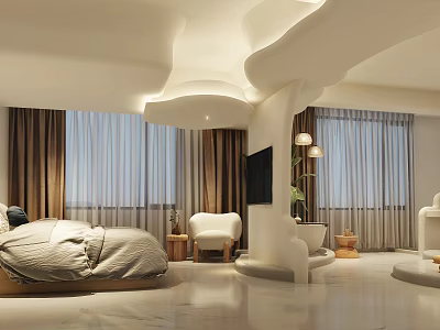 Modern Elegant Hotel Room With Large Windows White Bed White Chair TV And Green Plant 3d model