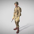 Man in Khaki Military Uniform Wearing Helmet Holding Entrenching Tool and Gear