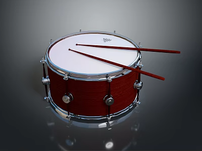 Professional Red Snare Drum With Wooden Shell Metal Hardware And Red Drumsticks 3d model