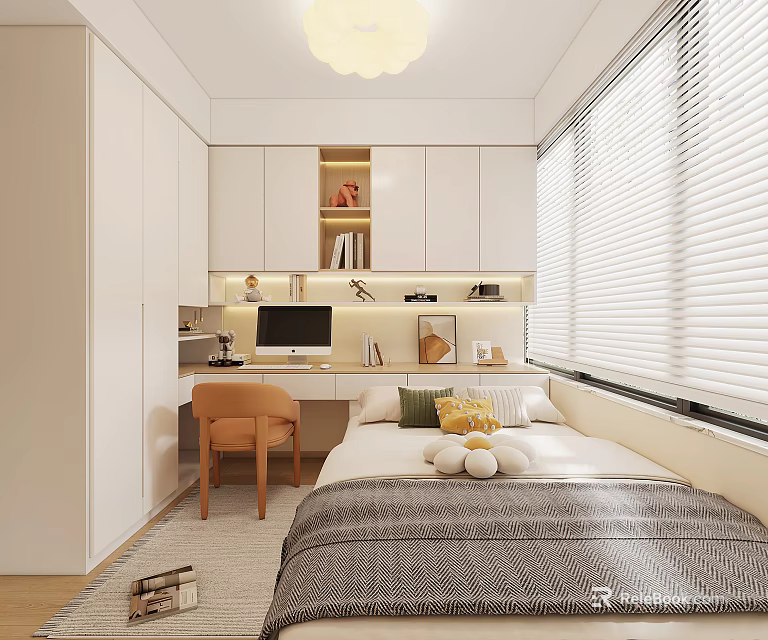 Modern Tatami Bedroom Interior With White Cabinets Desk Computer Chair Window Blinds And Pillows 3d model 