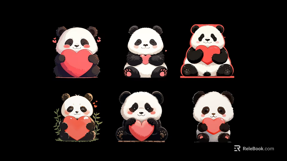 Cute Plush Pandas Holding Red Hearts With Decorative Elements On Black Background 3d model 