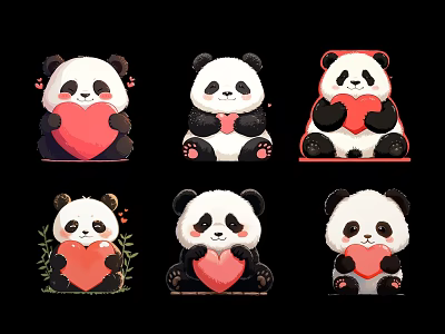 Cute Plush Pandas Holding Red Hearts With Decorative Elements On Black Background 3d model