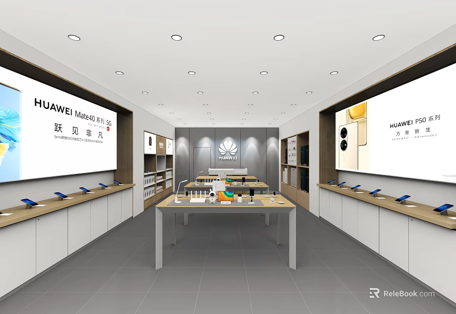 Huawei Retail Store Modern Interior With Product Display Counters And Shelves 3d model 