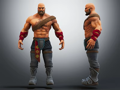 Muscular Male Warrior Character Featuring Red Wristbands Decorative Belt And Gray Boots Front Side Views 3d model